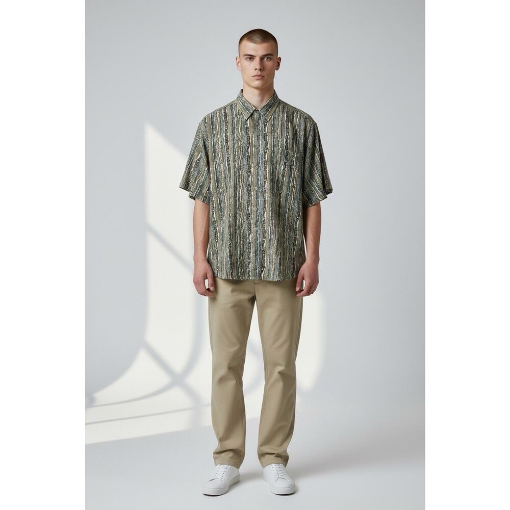 Bugle Boy Top Mens Medium Green Tan Striped Vintage Classic Button Down Y2K